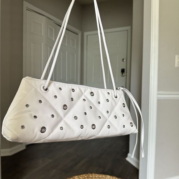 Tory Burch Kira Diamond Quilt Grommet East West Shoulder Bag NEW White Leather - Picture 5 of 8